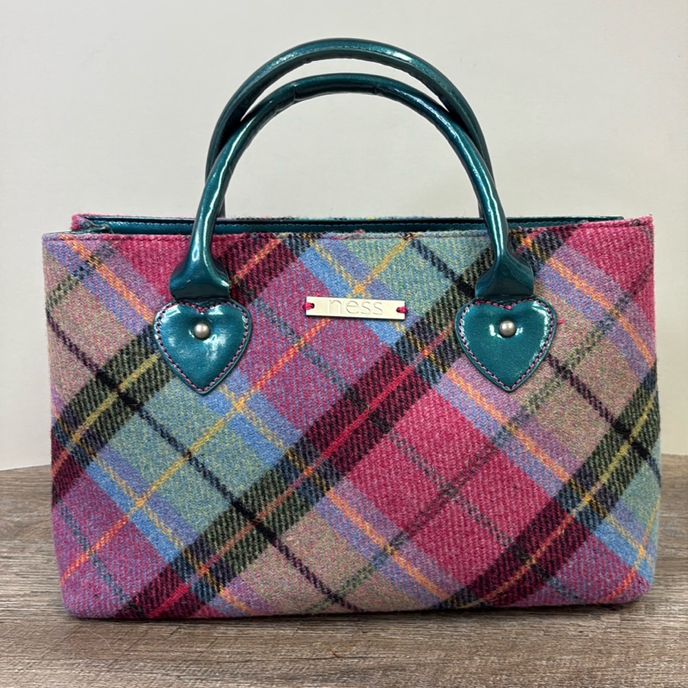 Ness Colorful Plaid Wool Blend Satchel Handbag with Teal Handles